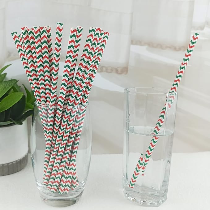 YAOSHENG Premium Disposable Waves Striped Drinking Paper Straws, Pack 100 Red - Image 2