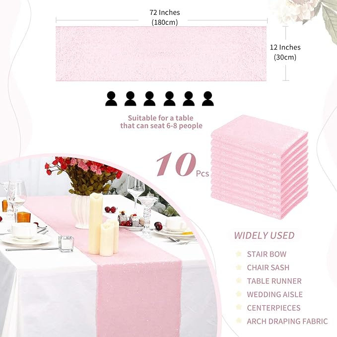 Pink Table Runner 10 Packs 12x72 Inches Sequin Glitter Table Runners - Image 2
