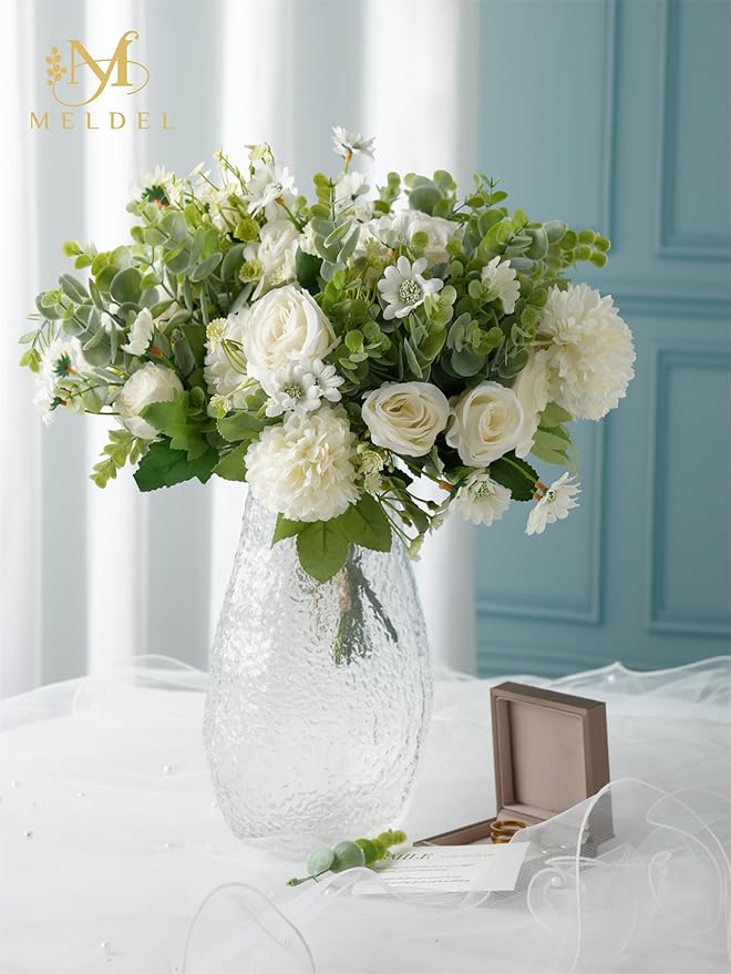Meldel 3 Pcs Bouquet Rose Artificial Fake Flowers Eucalyptus Plants Faux Silk - Image 2