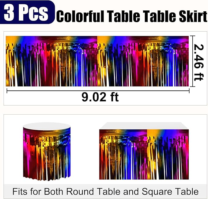 3 Pack 29 x108 Inch Rainbow Foil Fringe Table Skirts Metallic Banner - Image 2