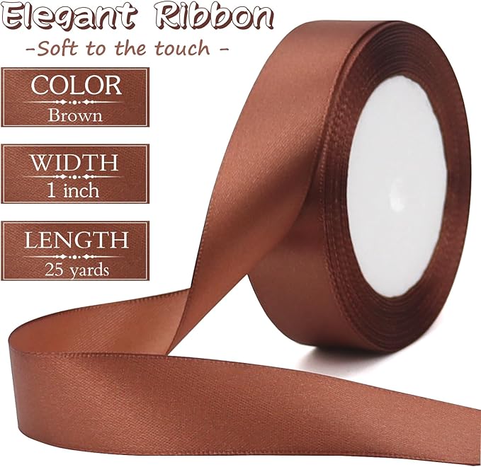 Brown Solid Satin Ribbon 1 Inch 25 Yards Solid Polyester Fabric Ribbon - Image 2