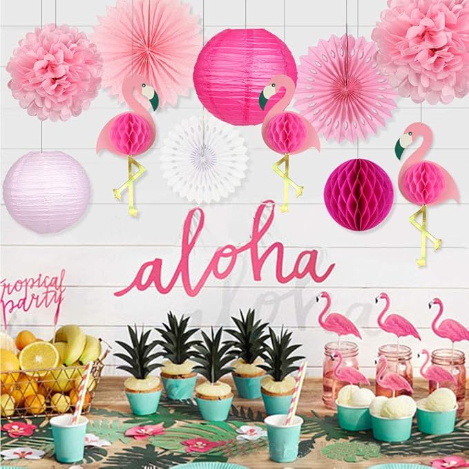 zilue Tropical Party Decorations Pink Flamingo Party Supplies Pom Poms Flowers - Image 4