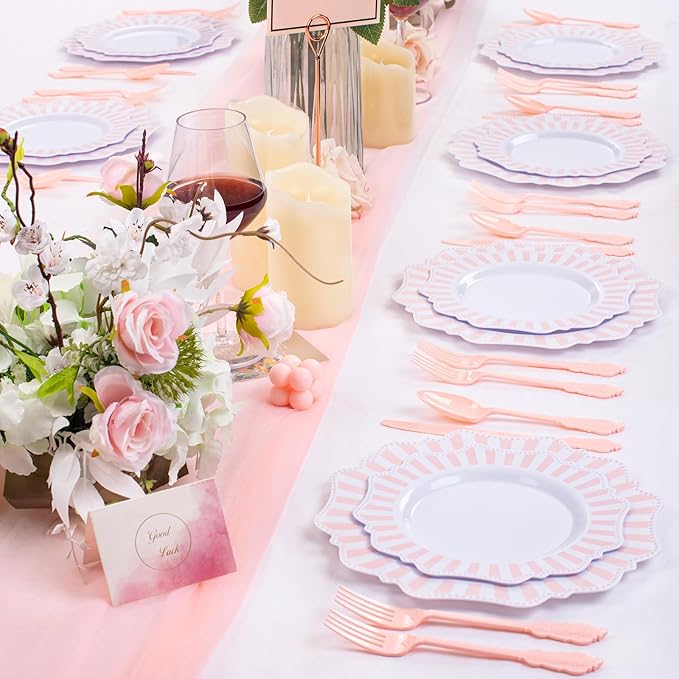 COLOSUS 150pcs Disposable Pink and White Stripped Plastic Plates and Silverware - Image 8