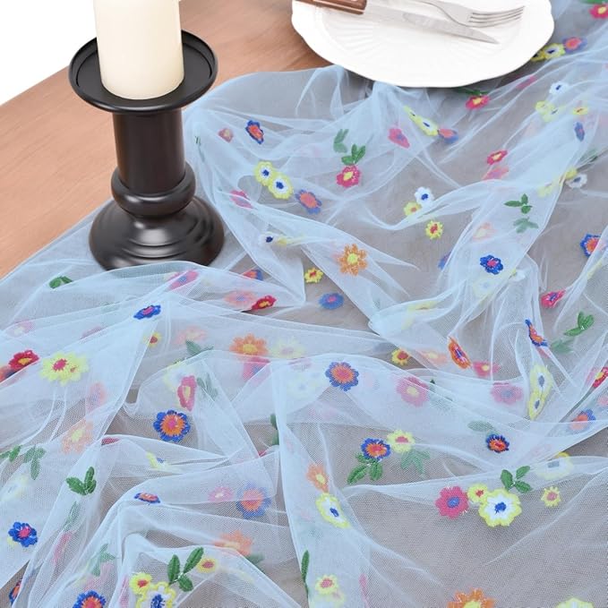 Joanlody 3pcs Blue Embroidery Daisy Fall Thanksgiving Table Runner Florals - Image 3