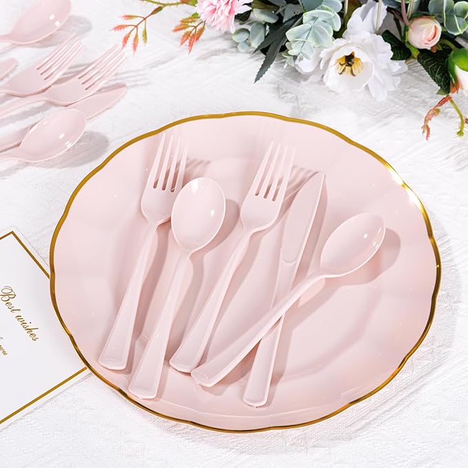 Supernal 300 Pieces Pink Plastic Silverware Heavy Duty Disposable Silverware - Image 2