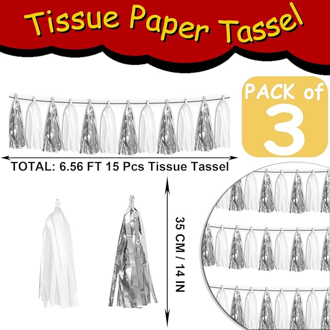 3P White Silver Metallic Fringe Tassel Banner Garland Foil Tinsel Streamer Wall - Image 2