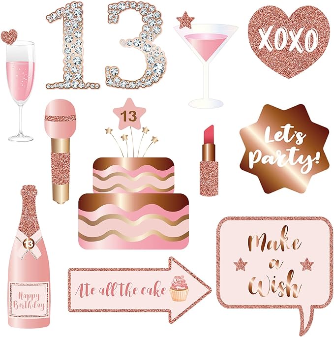 13th Birthday Party Photo Booth Props and Signs, Rose Gold 13 Birthday Party - Image 4