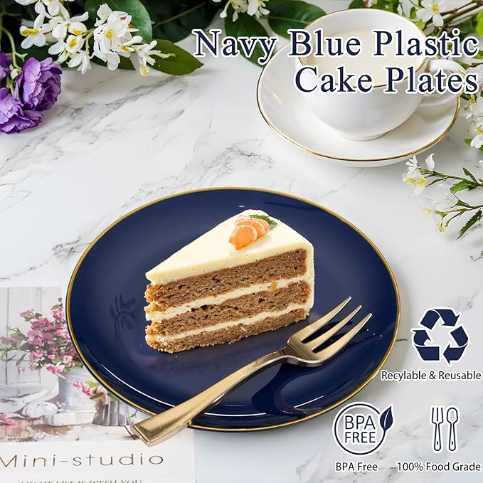 Festiva 200Pcs Navy Blue Gold Dessert Plates 6.3" - Image 3