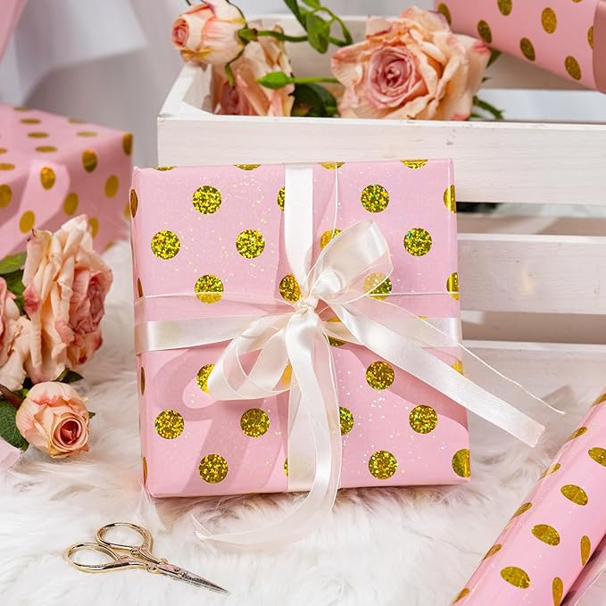 Burymento Pink Holographic Dots Wrapping Paper, Reversible Gold Gift Wrap - Image 7