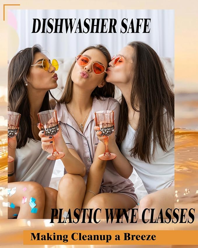 Ciaell 24PCS Rose Gold with Glitter Plastic Wine Glasses - 7 Oz Vintage - Image 3