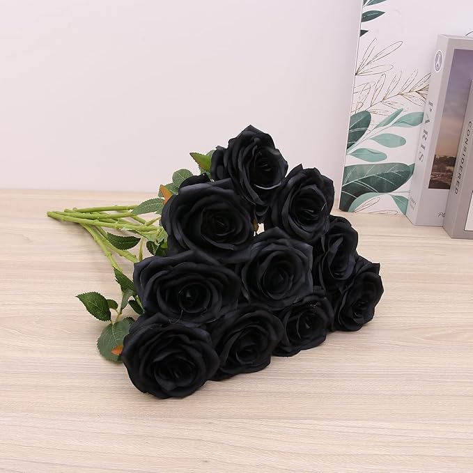 Artificial Rose 10pcs Open Flower Bouquet Black Faux Rose Stems - Image 2