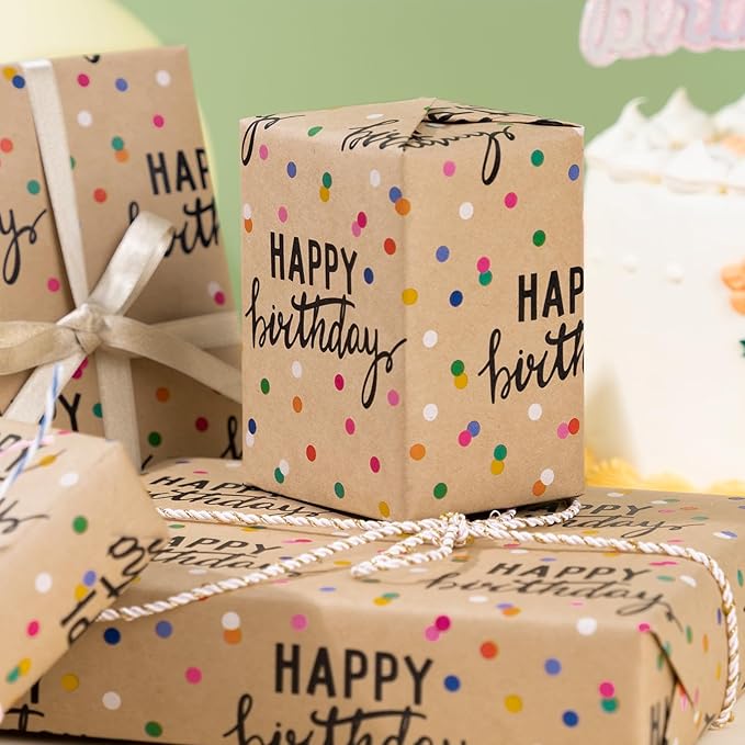 LeZakaa Birthday Kraft Wrapping Paper Roll, Happy Birthday Lettering & Colored - Image 6