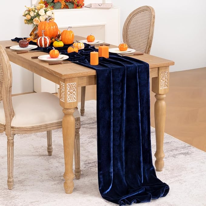 Navy Blue Velvet Table Runner Fall Thanksgiving Navy Table Runner 20 x 120 Inch - Image 4