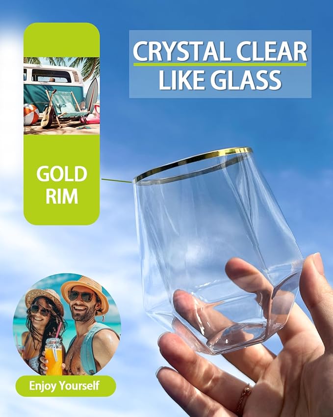 40 Pcak Plastic Stemless Wine cocktail Whiskey Champagne Glasses, 12 Oz Gold - Image 3