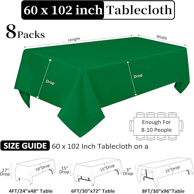 8 Pack Green Table Cloth 60 x 102 Inch Rectangular Tablecloths - Image 2