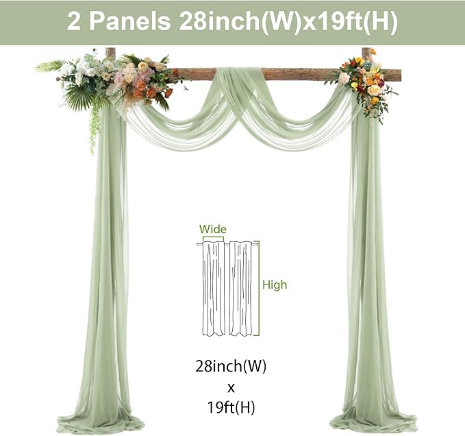 2 Panels Wedding Arch Draping Fabric Sage Green Sheer Backdrop Curtain Arch - Image 4