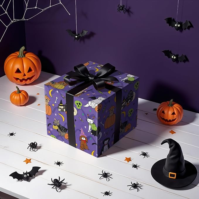 LeZakaa Halloween Purple Animal Wrapping Paper Roll, Cat Dog in Halloween - Image 4