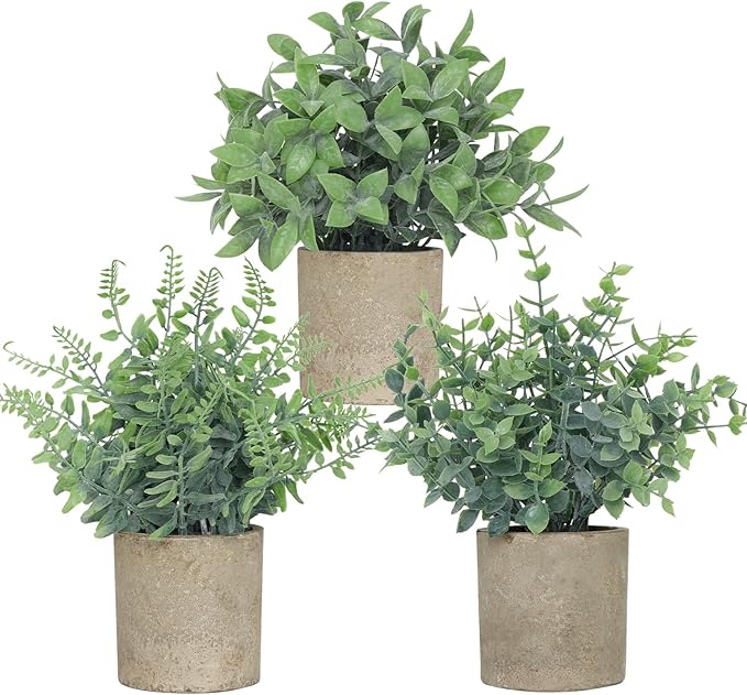 3 Pack Small Fake Plants, Artificial Eucalyptus, Boston Fern & Boxwood Leaves by Unknown