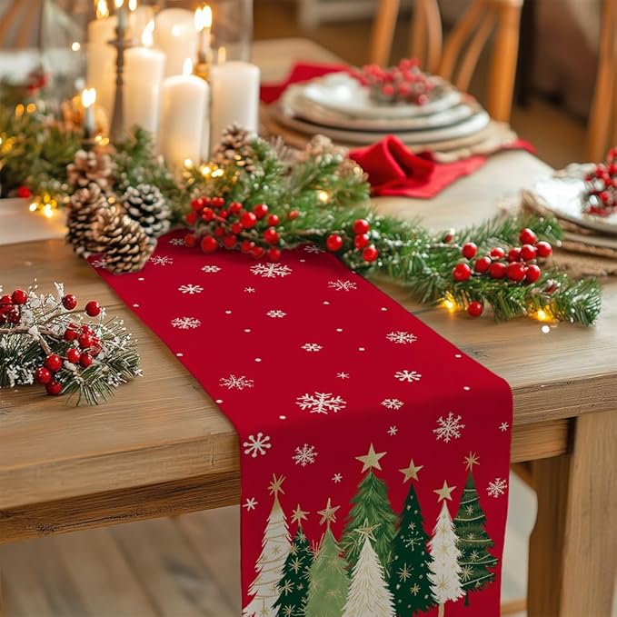 GEEORY Christmas Table Runner 13x108 Inch, Xmas Trees Snowflakes Holiday - Image 2