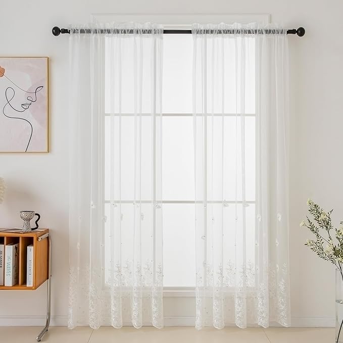 VISIONTEX White Voile Curtains, Decorative White Embossed Butterflies Rod - Image 7