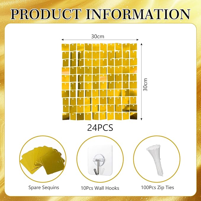 24PCS Gold Shimmer Wall Backdrop, Square Sequin Backdrops Panel, Glitter Wall - Image 2