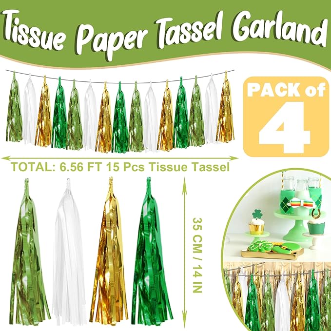 4P Sage-Green Beige-Mint Gold Foil Fringe Metallic Tassel Garland Banner - Image 2