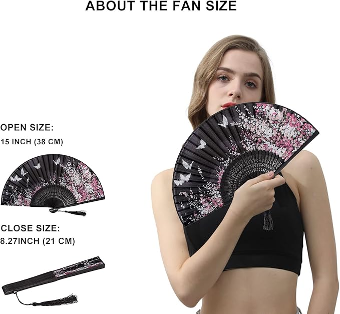 Amajiji 8.27" Hand Held Bamboo Silk Folding Fan Hand Fan, Chinese/Japanese - Image 2