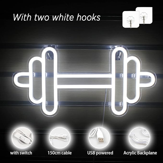 Lucunstar Gym Neon Sign, Barbell Dumbbell Shaped Neon signs White Neon Lights - Image 6