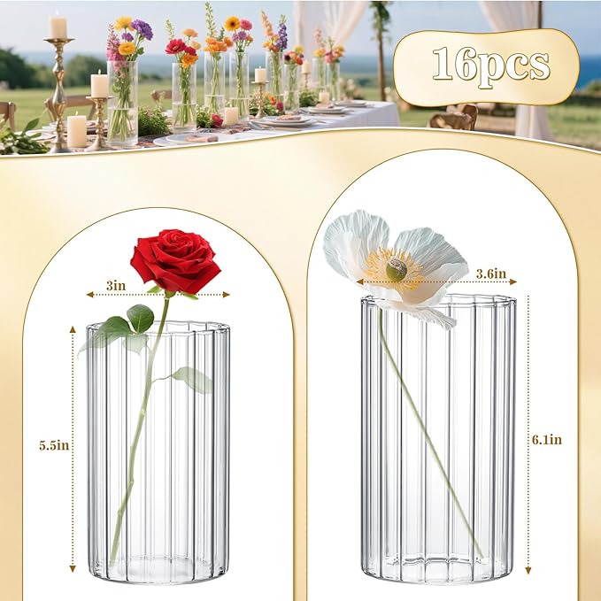 16 Pack Ribbed Glass Cylinder Vases 5.5, 6 Inch Tall Clear Flower Vase - Image 2