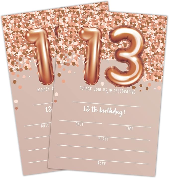 13th Birthday Invitation Cards, Rose Gold Glitter 13th Birthday Party Invites by LWBEO