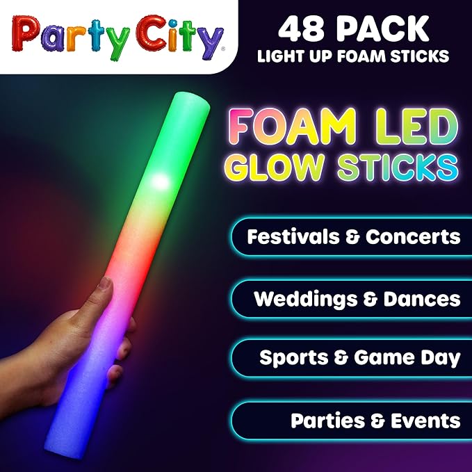 Party City 48pk LED Foam Glow Sticks 14”- Glow in the Dark Party Supplies Favors - Image 2