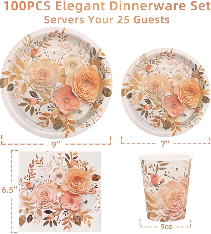 Boho Plates and Napkins Sets for 25 Guests, Floral Birthday Party supplies for - Image 3