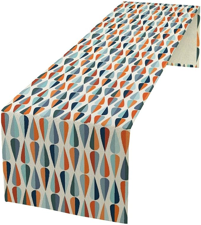Mid Century Table Runner, Modern Style Retro Pattern Droplet Shapes Mosaic by Unknown