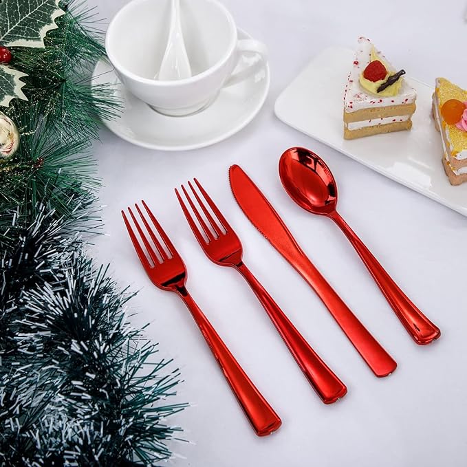 NOCCUR 180PCS Red Plastic Silverware Set - Image 2