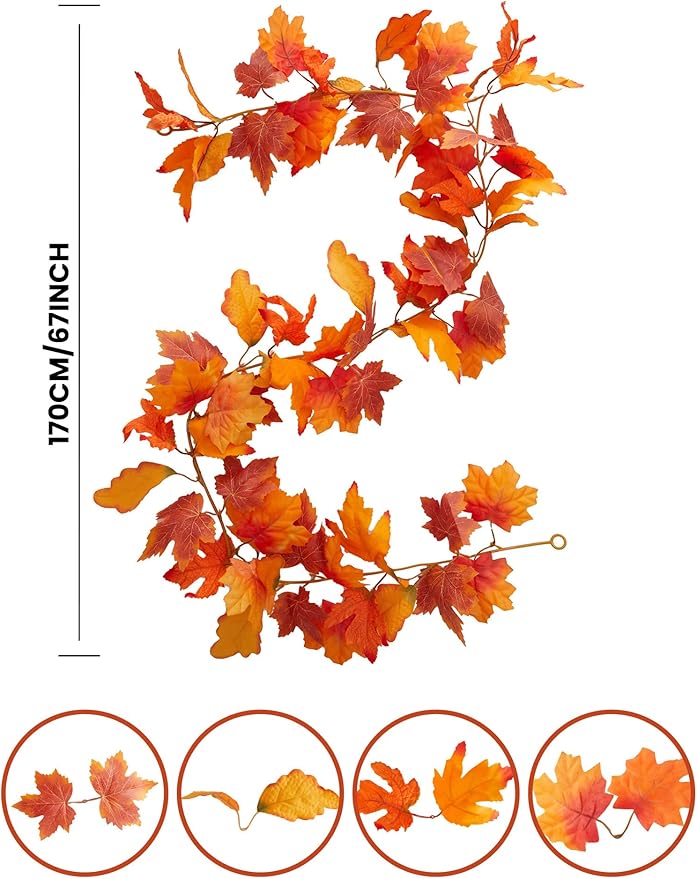 PARTY JOY 6PCS Orange Leaf Garland, 5.6Ft Halloween Garland Artificial Maple - Image 3