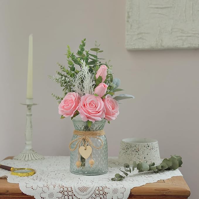 Faux Flowers with Vase, Artificial Silk Roses in Vase, Fake Plant Eucalyptus - Image 4
