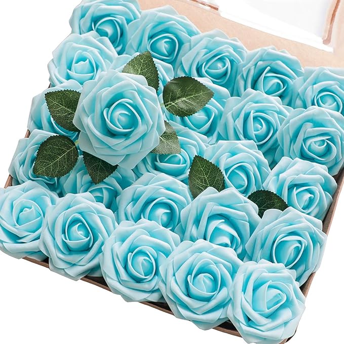 Floroom Artificial Flowers 50pcs Real Looking Aqua Blue Foam Fake Roses by Floroom