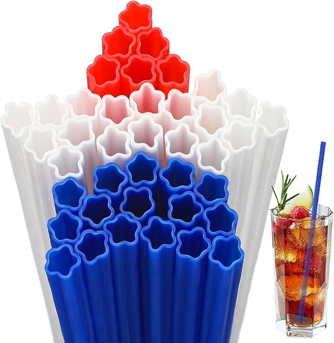60 Pcs Plastic Straws Red Blue White Star Shaped Straws Patriotic Disposable by Potchen