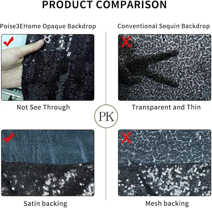 Poise3EHome 20Ft x 10Ft Black Sequin Backdrop, Glitter Thick Satin Sequin - Image 6