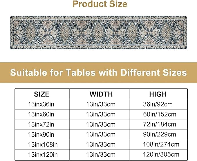Vintage Boho Floral Table Runner, Rustic Country Farmhouse Blue Grey Retro - Image 2