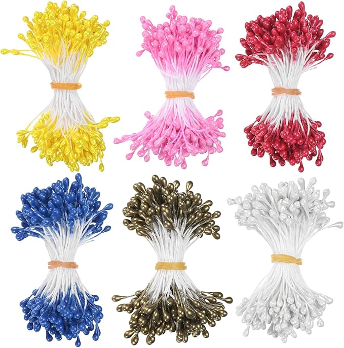 900-Pack Flower Stamens for Crafts, 5mm Double Heads Artificial Pearl Floral by MMETERXITY