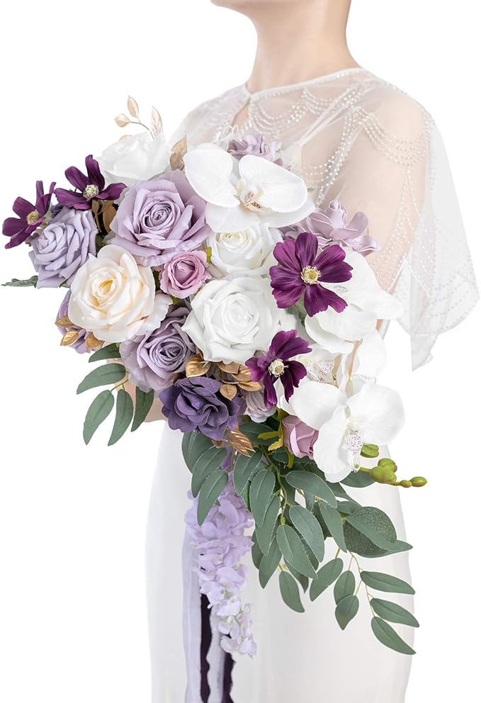 Ling's Moment Purple Bridal Bouquet Cascading, Lilac Wedding Bouquets by LingsMoment