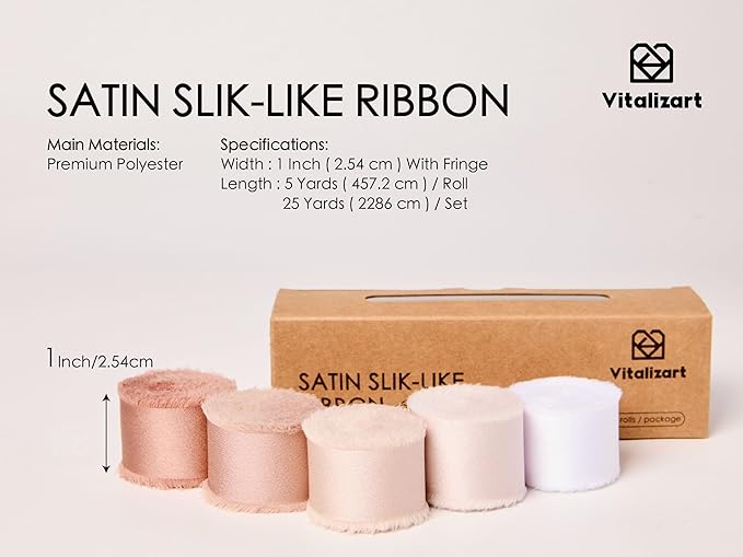 Vitalizart Silk Like Satin Ribbon 1 inch x 25 Yard Nude & White Handmade Frayed - Image 2