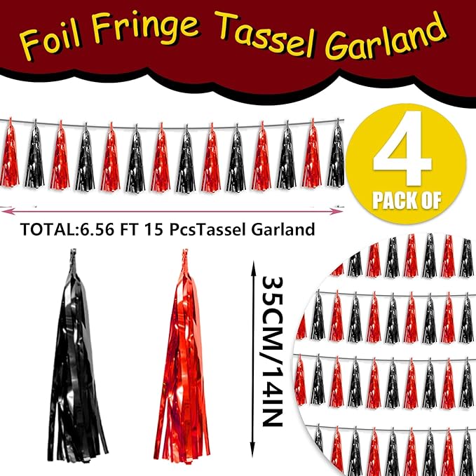 4P Black red Foil Fringe Tassel Banner Garland Metallic Tinsel Streamers Wall - Image 2