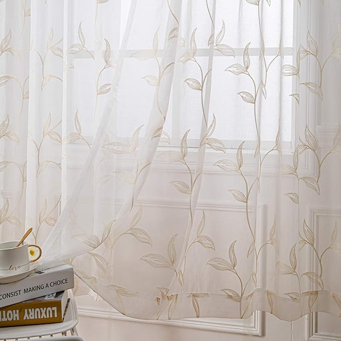 VISIONTEX Sheer Curtains 63 inch Length 2 Panels Set, Rod Pocket Embroidered by VISIONTEX