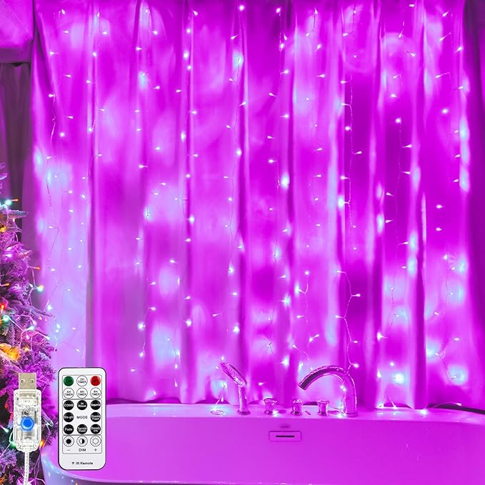 Curtain Light for Bedroom, 200LED 6.6x6.6ft Pink Window Wall Hanging Fairy by SINAMER