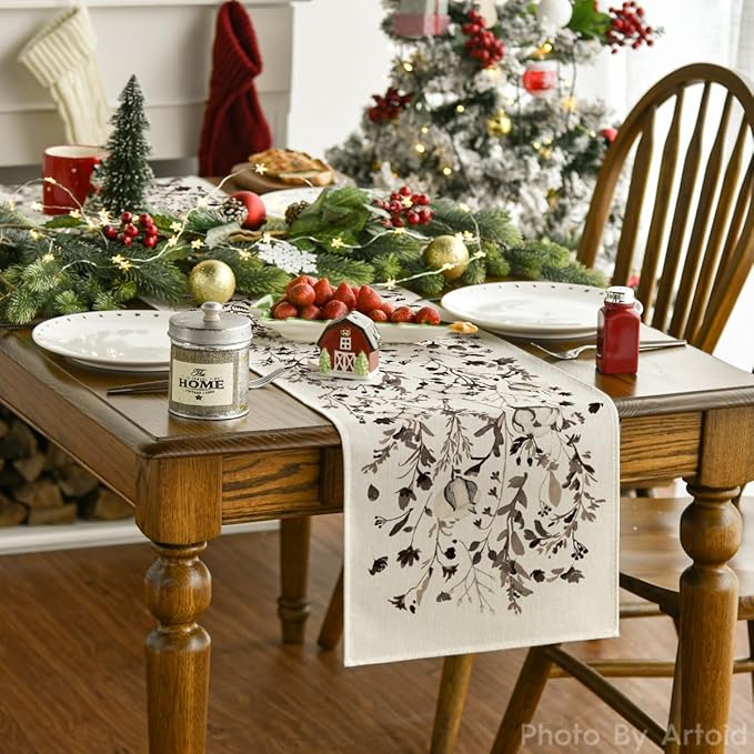 Artoid Mode Leaves and Flowers Cotton 210 GSM Winter Table Runner, Seasonal - Image 2