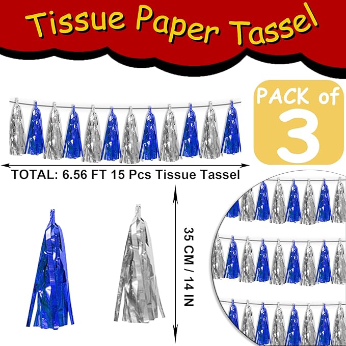 3P Navy-Blue Silver Metallic Fringe Tassel Banner Garland Foil Tinsel Streamer - Image 2