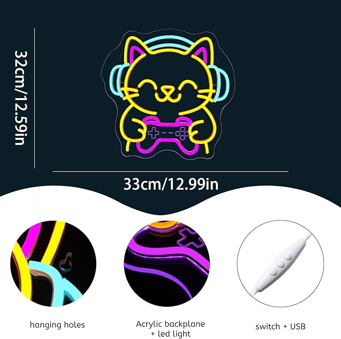 Ineonlife Game Cat Neon Sign for Wall Decor Light Up Cute Animal Led Signs for - Image 4