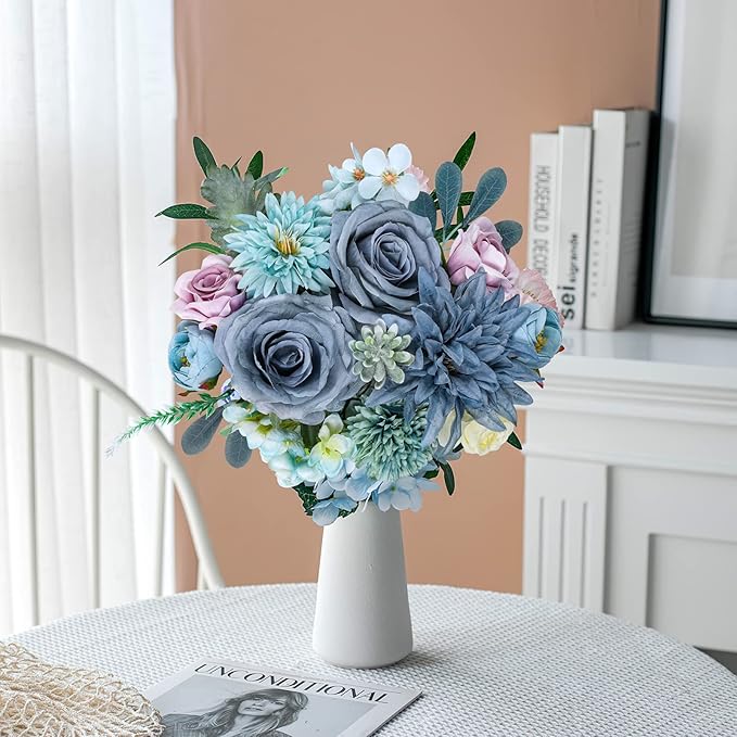 AmyHomie Blue Artificial Flowers Combo Silk Mix Peony Rose Hydrangea Fake - Image 7
